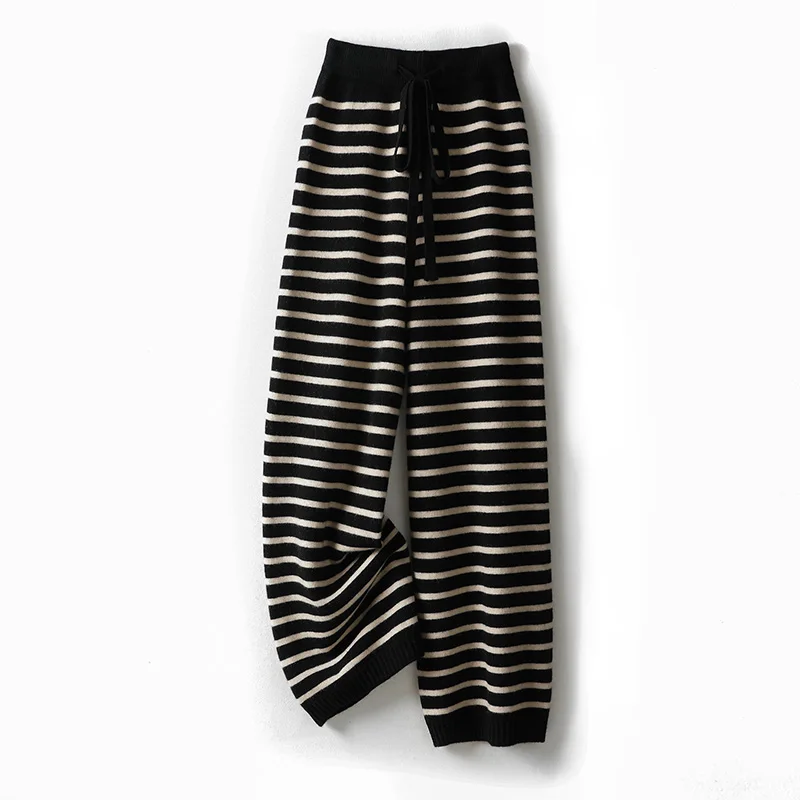 100% Australian wool women's wide leg pants color blocked knitted casual loose autumn and winter new women's long wool pants