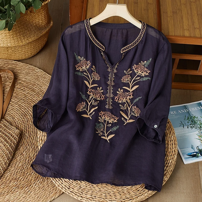 Embroidery Chinese Style Women Blouses Summer Cotto Linen Tops Loose Short Sleeve Clothing Sales V-neck Korean Women's Shirts