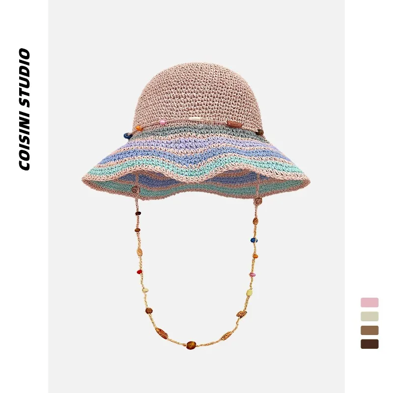 

Ins Fashion Color Striped Beaded Lace-up Straw Caps for Women Summer Seaside Holiday Sun Protection Big Brim Beach Bucket Hats