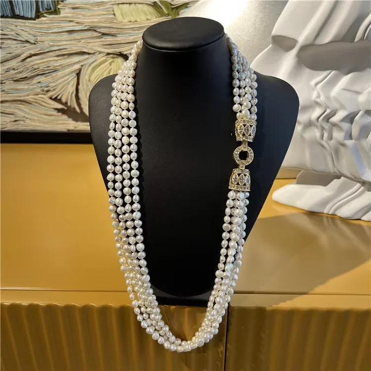 

26-28'' 4 Strands Natural Freshwater Cultured White Pearl CZ Connector Necklace For Women