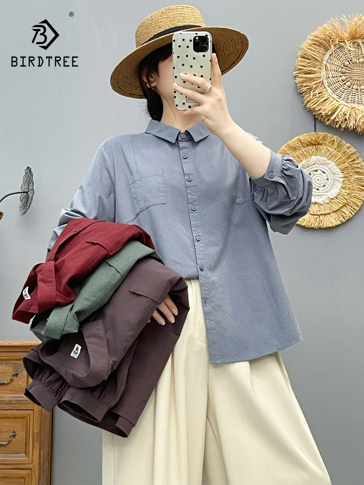 

New 2025 Autumn Cotton Long Sleeve Shirt, Women Turn-down Collar Solid, Mori Girl Office Lady Casual Basic Loose Blouse T58051CC