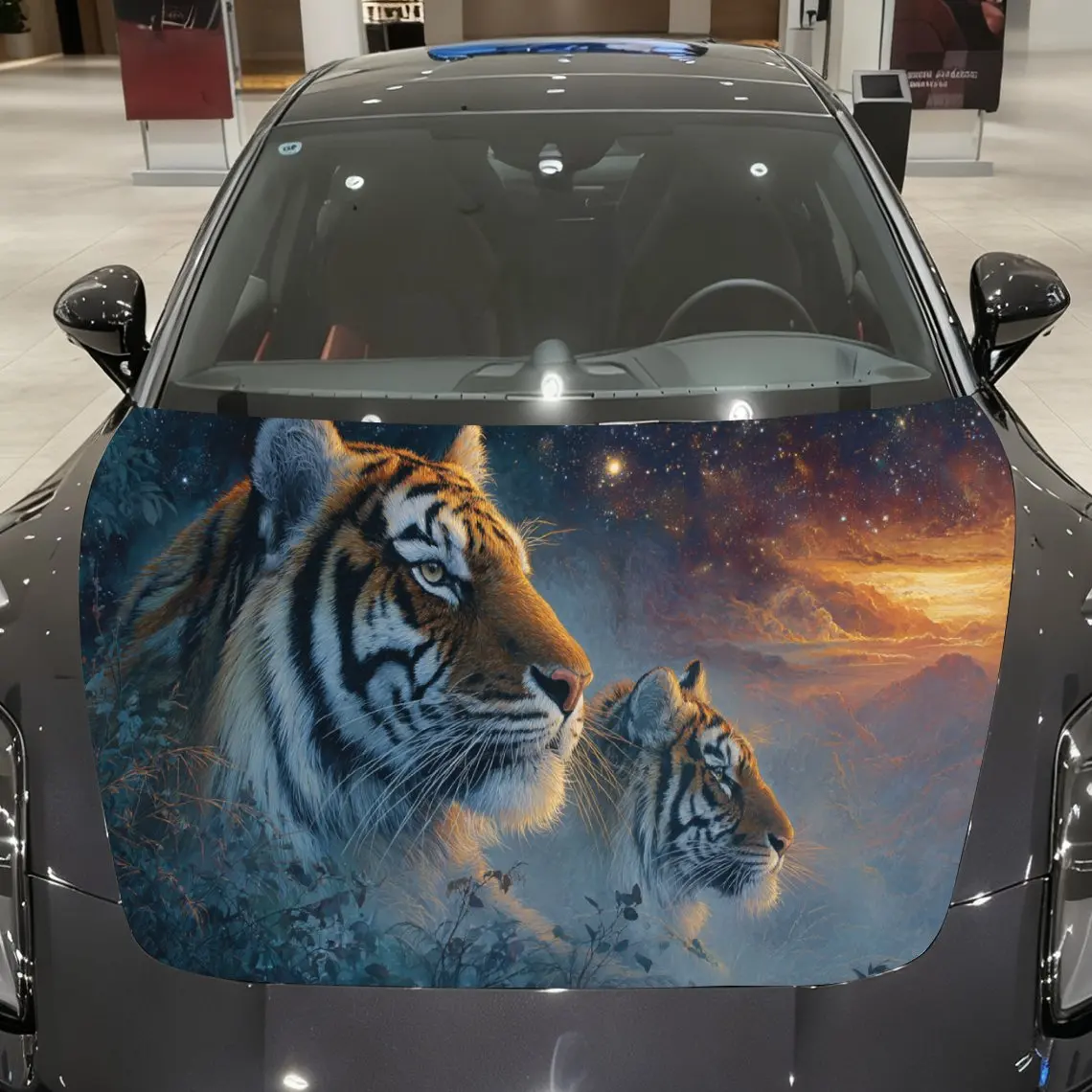 

Car Decals A Tiger Pair In Starry Scene Close - Up With Realistic Stripes And Cosmic Visual Allure Car Hood Sticker, Waterproof