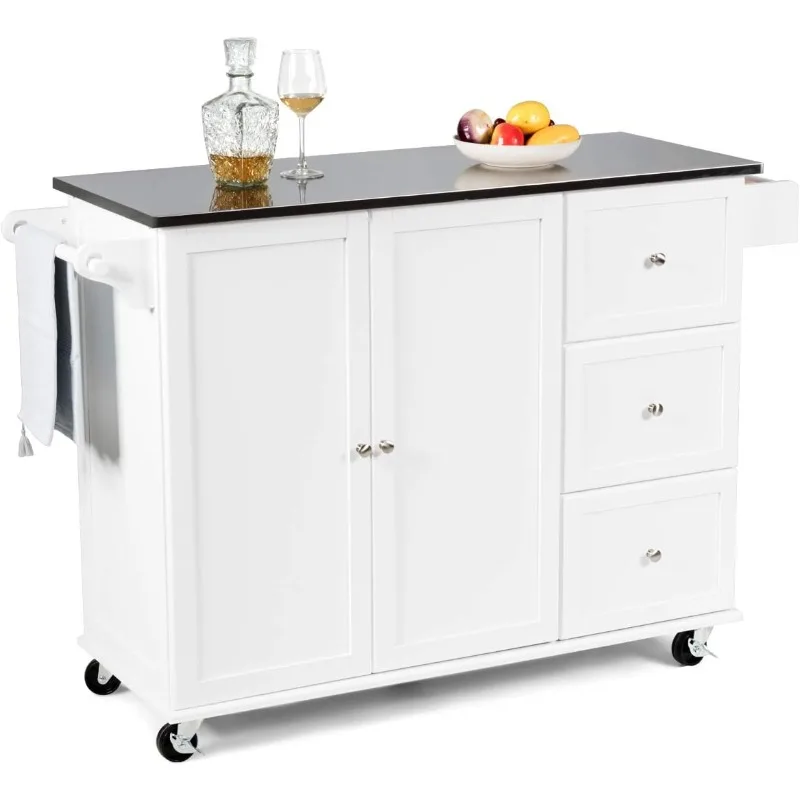 

Kitchen Island with Stainless Steel Countertop, Kitchen Cart Rolling Trolley with Towel Holder and Spice Rack, 3 Drawers