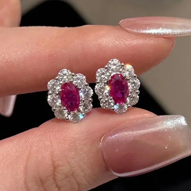 Gorgeous silver 925 inlaid flower ruby earrings for women High quality full diamonds light luxury earings stud wedding jewelry