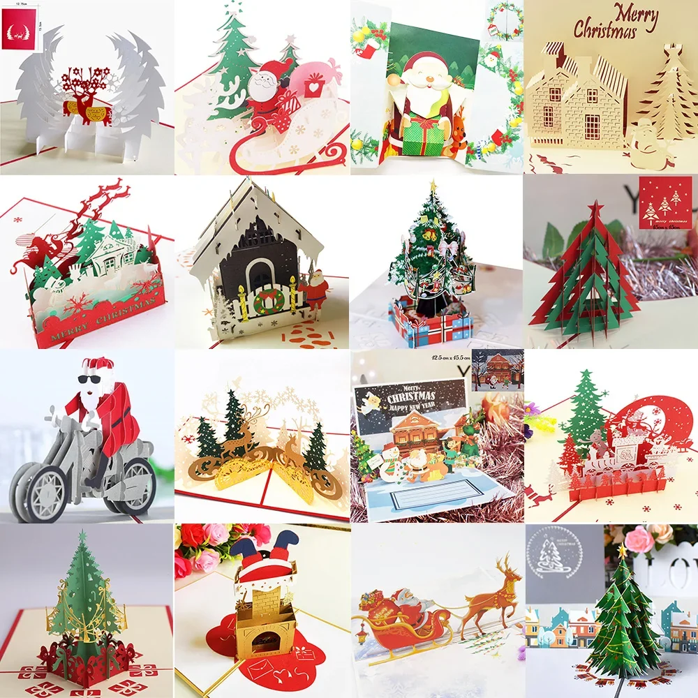

Merry Christmas Cards 3D Pop UP Christmas Tree Cards Christmas Decoration Winter Gift Laser Cut New Year Santa Greeting Cards