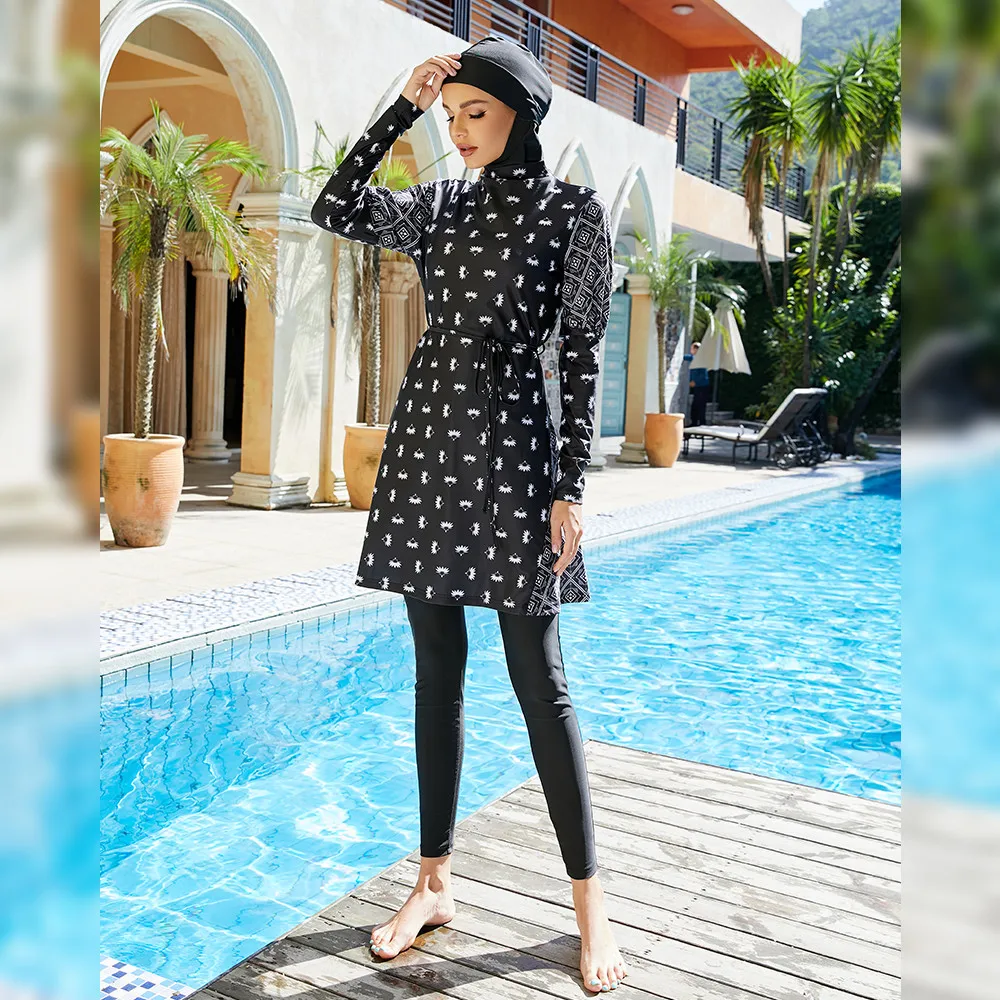 

Fashion Printing Sunscreen Swimsuit Three-Piece Conservative Covering Swimsuit Ladies Muslim Clothing Beach Burkinis with Scarf