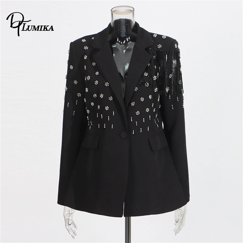 سترة بدلة مزخرفة بأحجار الراين وهامش، مقاسات M-XL متوفرة، ملابس خارجية رسمية/حفلة بقصة ضيقة للنساء الصورة الفعلية #2