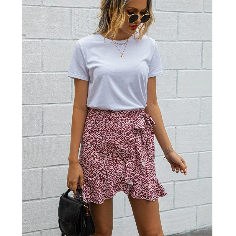 Dot Print Short Mini Skirts Women Summer Ruffle High Waist Bow Tie Skirt Ladies Slim Streetwear