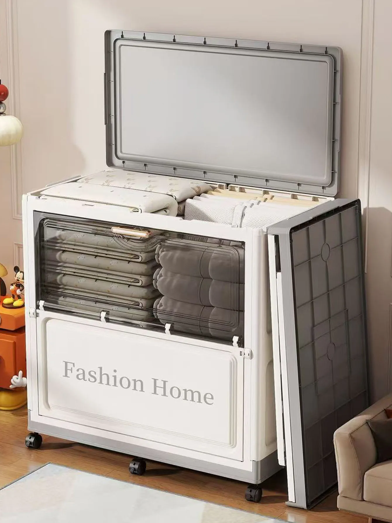 

Clothing storage box with large capacity oversized flip cover clothes blankets seasonal tidying tool, extra large household