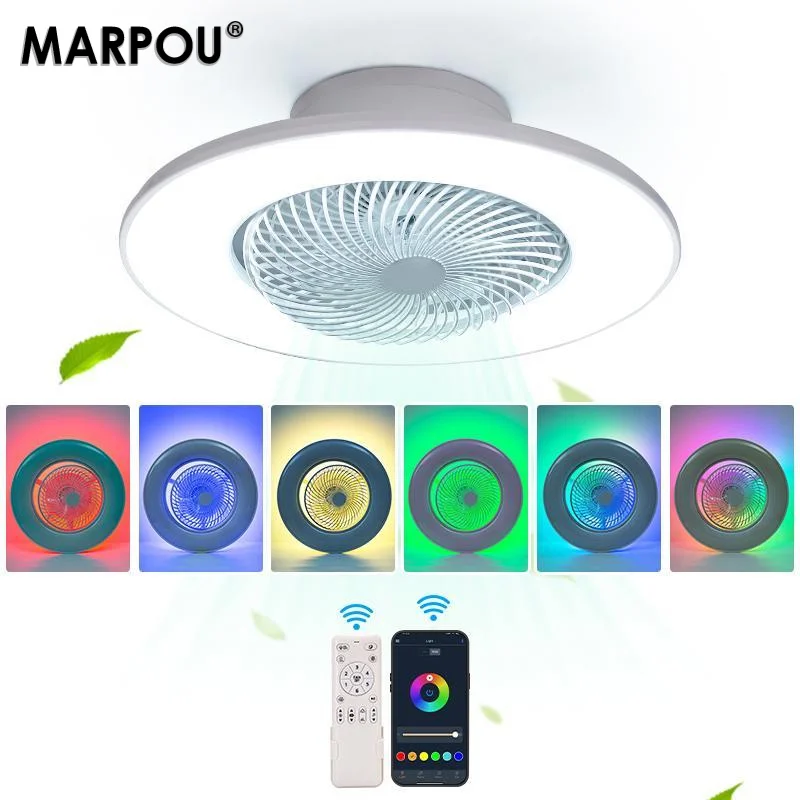 Ventilateur de plafond 100W avec lumière, application intelligente, télécommande, lampe de plafond LED à intensité variable 360° °   Clavier rotatif à 6 vitesses, silencieux, rétroéclairage RGB, pour