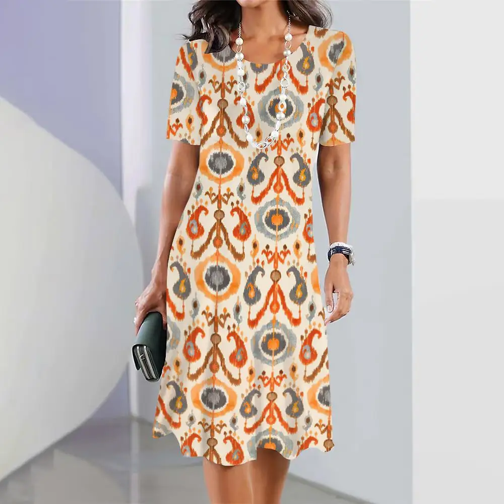 2024 New Ikat Print Dresses Ethnic For Women\'s Elegant Midi Dresses Summer Female Short Sleeve Dress Fashion Oversized Clothes