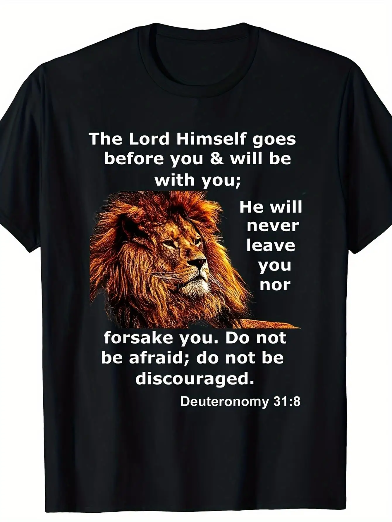 Unisex vintage Christian T-shirt featuring the Lion of Judah and the scripture Deuteronomy 31:8 - black crew neck short-sleeve T-shirt, comfortable casual streetwear, suitable for church, Bible study, and everyday faith wear, durable digital print