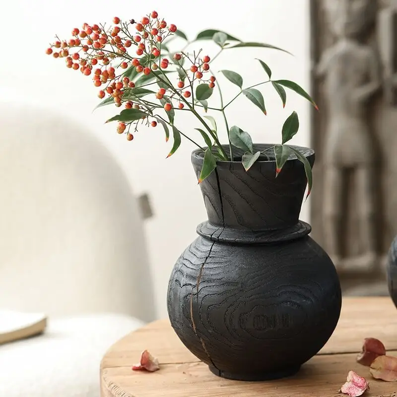 DSA wabi-sabi wind log dried flower vase, ornament solid wood flower arrangement, antique homestay decoration