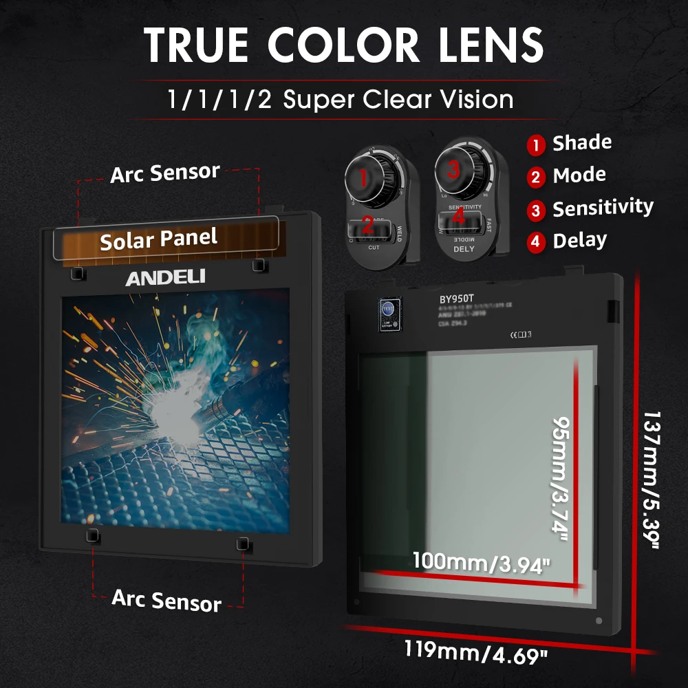 Casque de soudage à assombrissement automatique, masque ANDELI, vue à 180 °, masque de soudeur grand écran, 1, 1, 1/2, document True optique, 4 capteurs