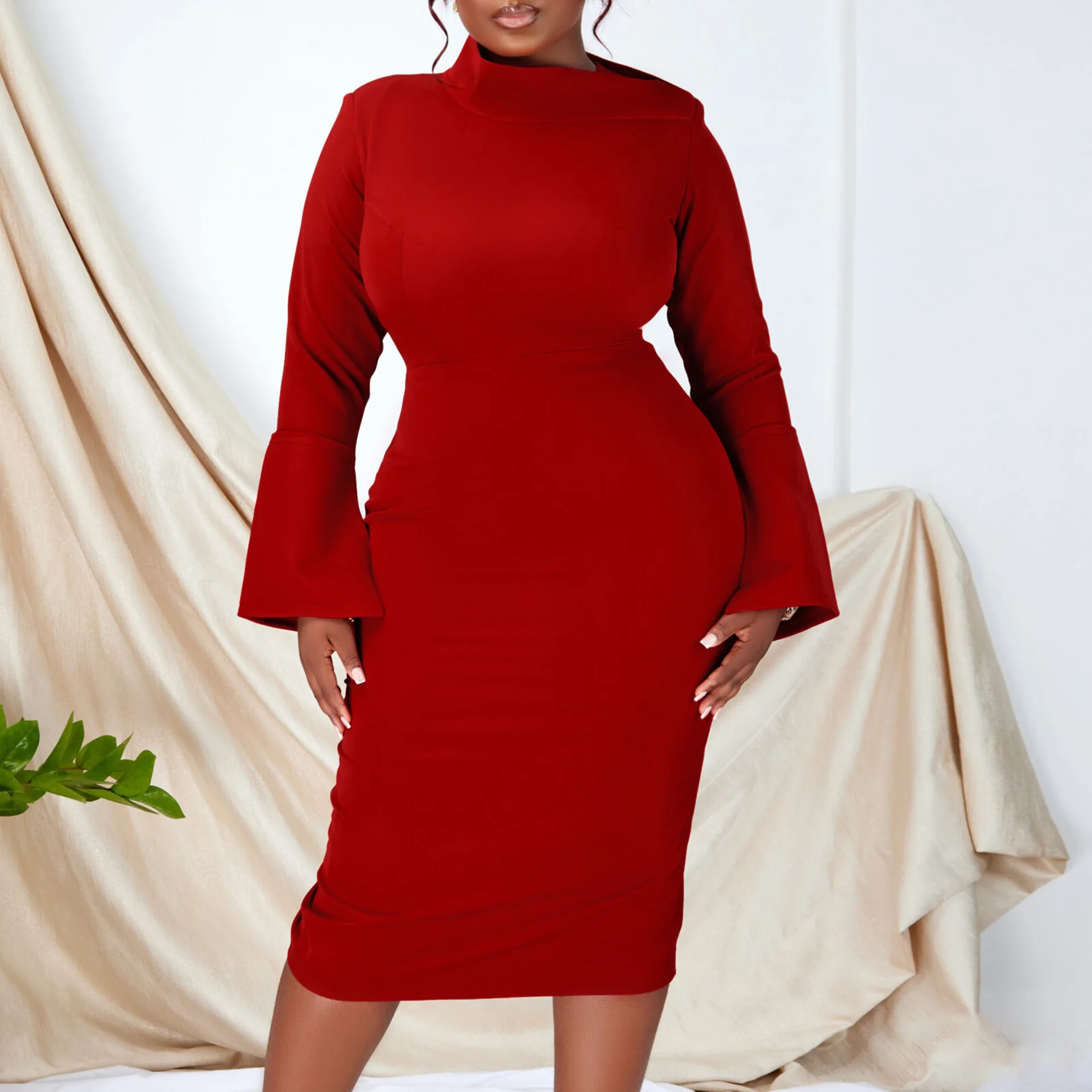 

Women's new fashionable and elegant long-sleeved slope neck hip-covering stretch knitted OL pencil African dress party dresses