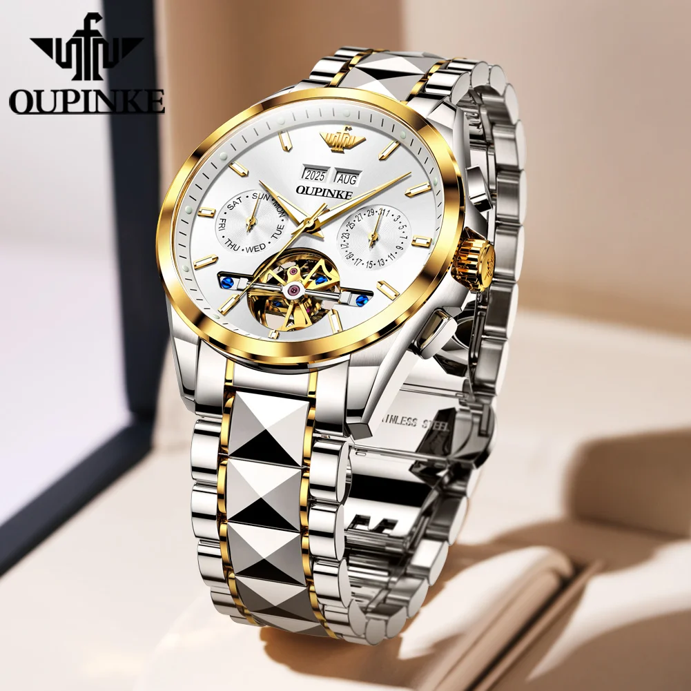 OUPINKE 3290 Mens Watch Luxury Automatic Mechanical Watch﻿ Multifunctional Chronograph 50M Waterproof Perpetual Calendar Watch