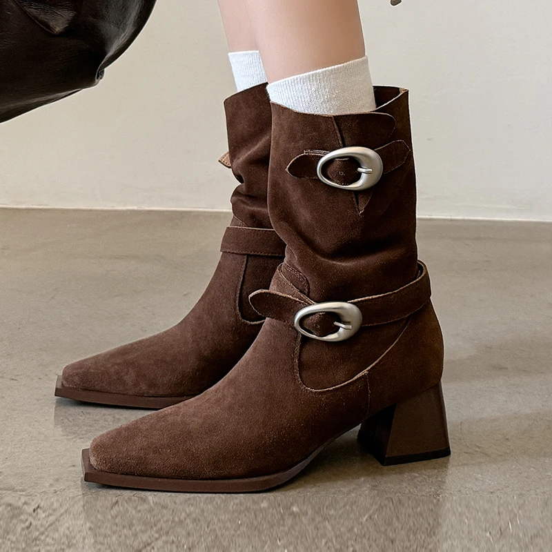 

Chunky High Heel Pointed Toe Mid Calf Boots Women Suede Metal Buckle Design Autumn Winter Shoes British Style Short Boots 2024