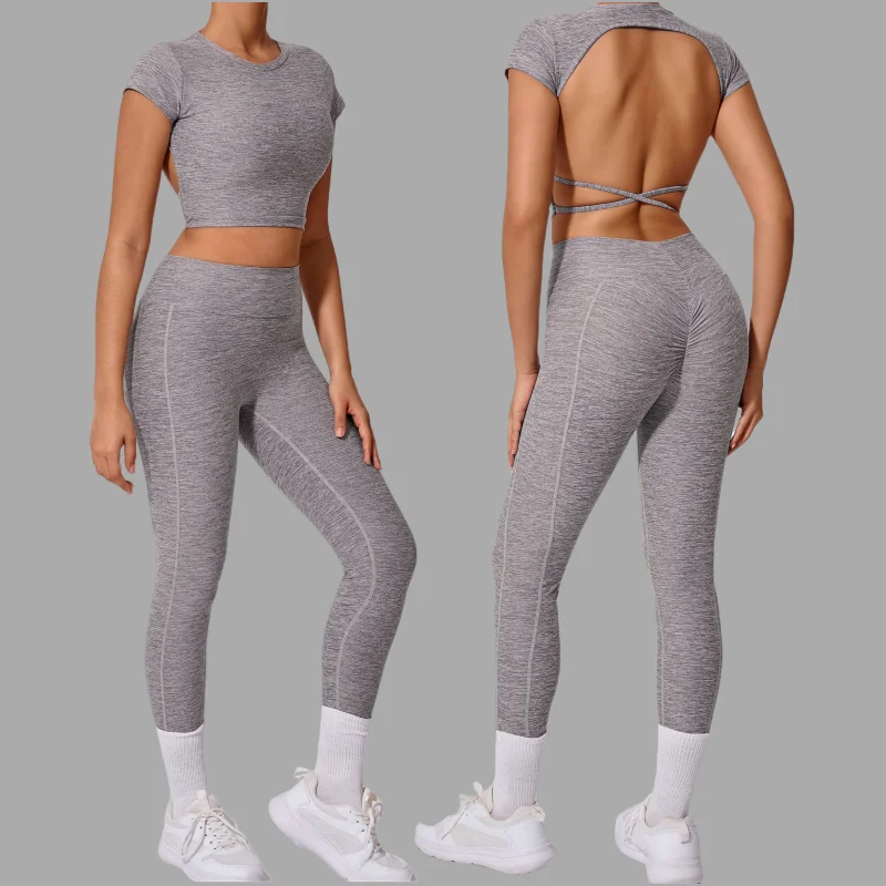 

Seamless Yoga Sets Sports Fitness High Waist Peach Hip Tight Backless Dance Running Workout Clothes Gym Leggings Set for Women