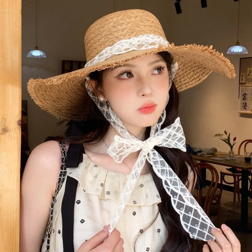 

Fashion Large Brim Straw Hat Bow Lace Sunshade Hat Foldable Beach Cap Ladies