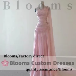 Customized Pink One-Shoulder Pleat Prom Dresses with Shiny Beaded Cape Luxury Evening Dress Formal Party Gown