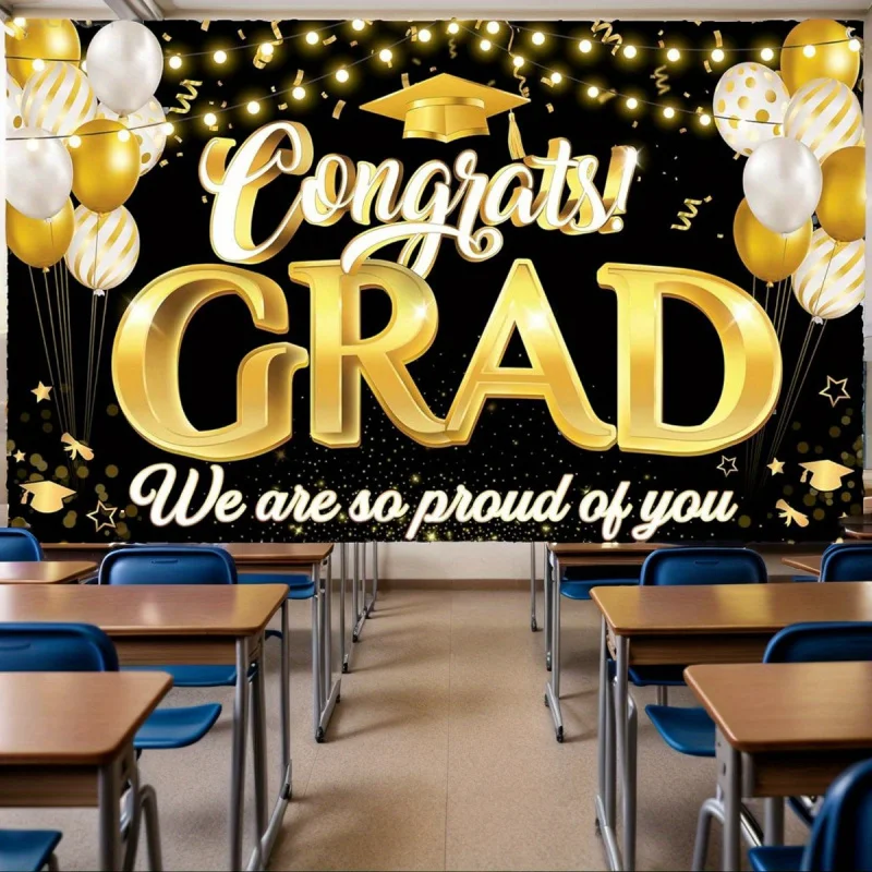 

1pc Congrats Grad We Are So Proud Of You Banner, Black And Golden Graduation Decorations, Banner For School and Party Decor