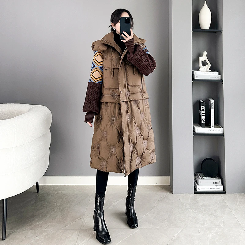 

Зимнее женское свободное пальто больших размеров средней длины, пуховое пальто 202, модное корейское пальто с вышивкой