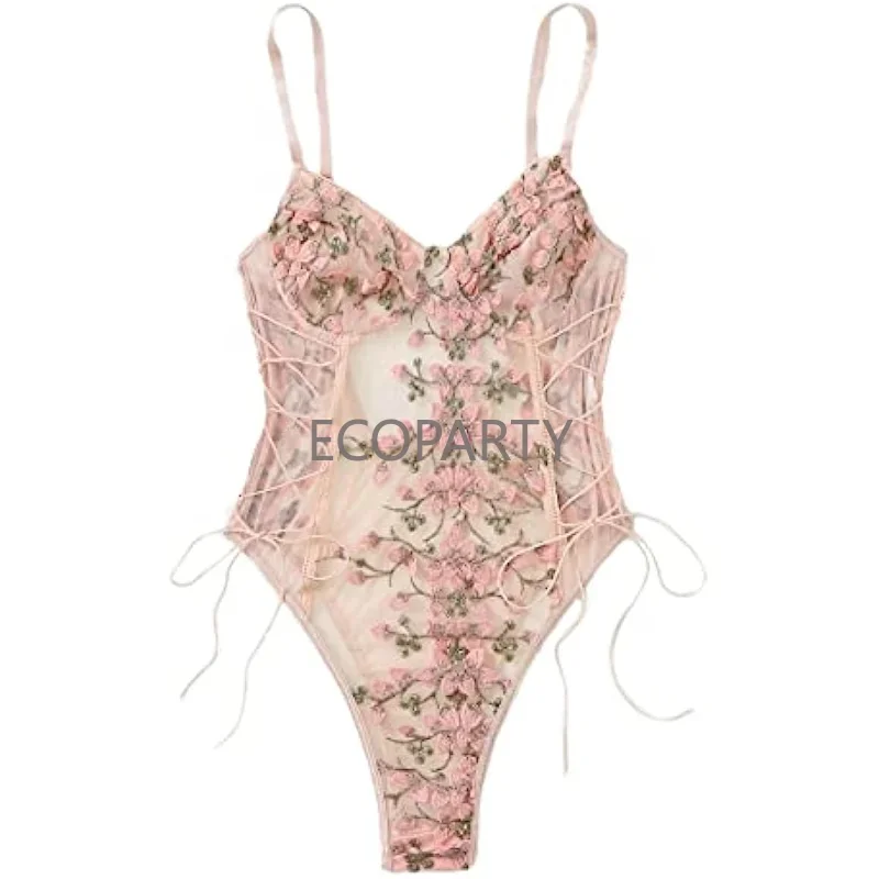 Women Sexy Lace Up Floral Embroidered Lingerie Bodysuit Top Mesh Sheer One Piece Lace Flower Strap Women\'s Bodysuit Multicolour