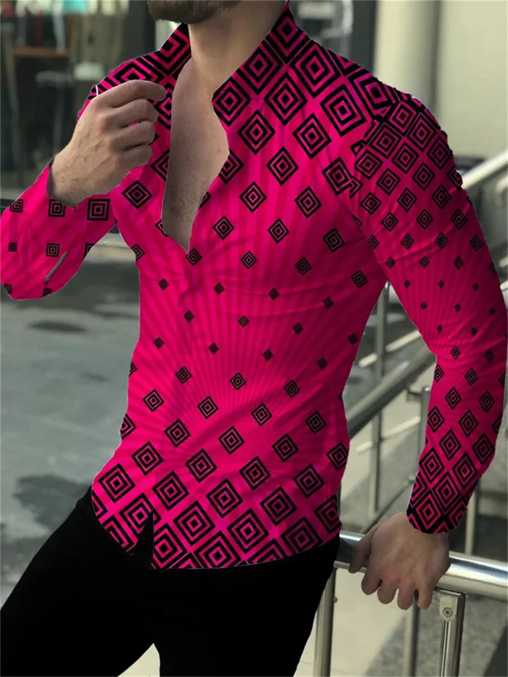 

Men's Casual Fashionable 3D Red Horse Print Long Sleeve Lapel Shirt New
