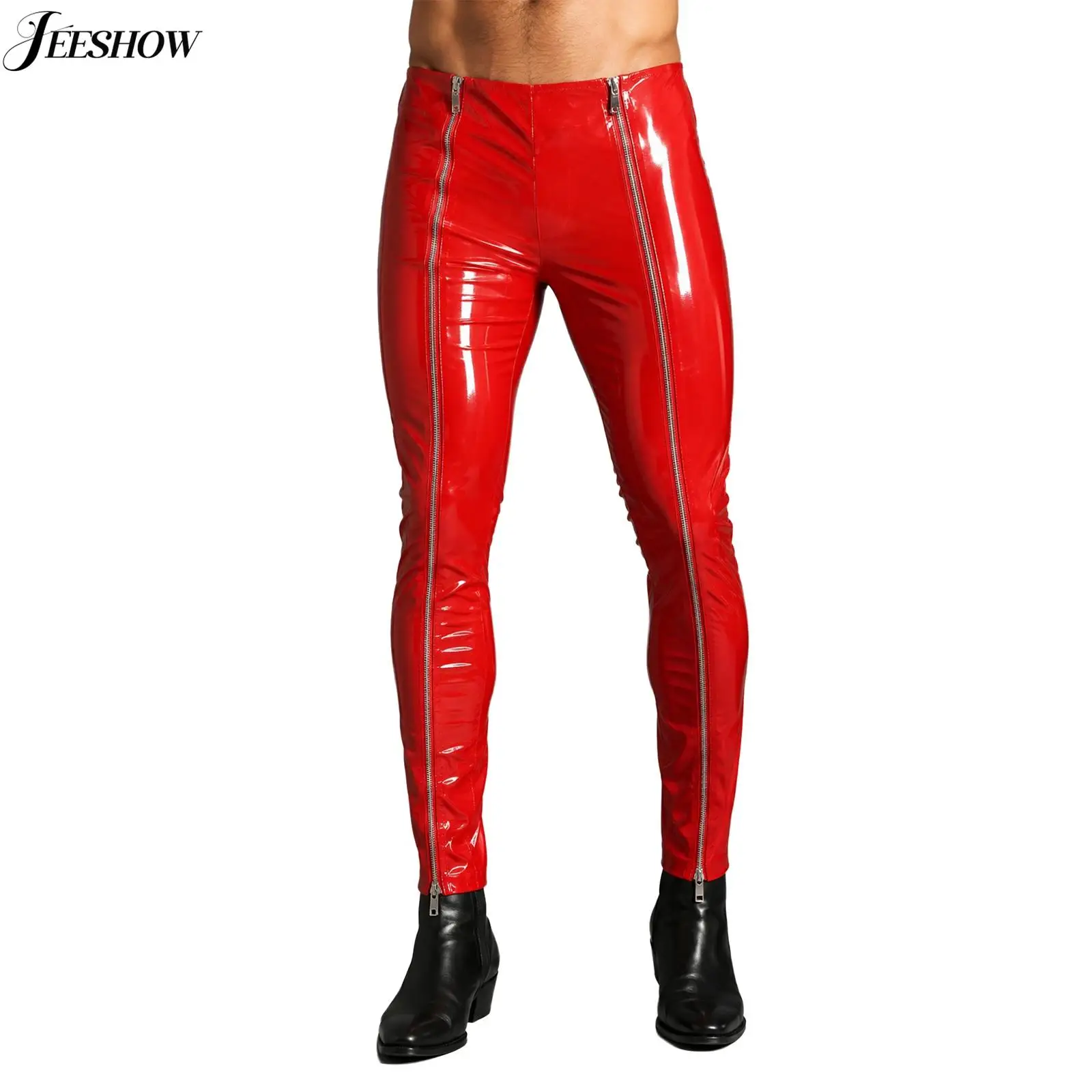 Mens Patent Leather Front Zipper Leggings Wet Look Solid High Waist Skinny Pencil Pants Gothic Punk Tights Trousers Clubwear