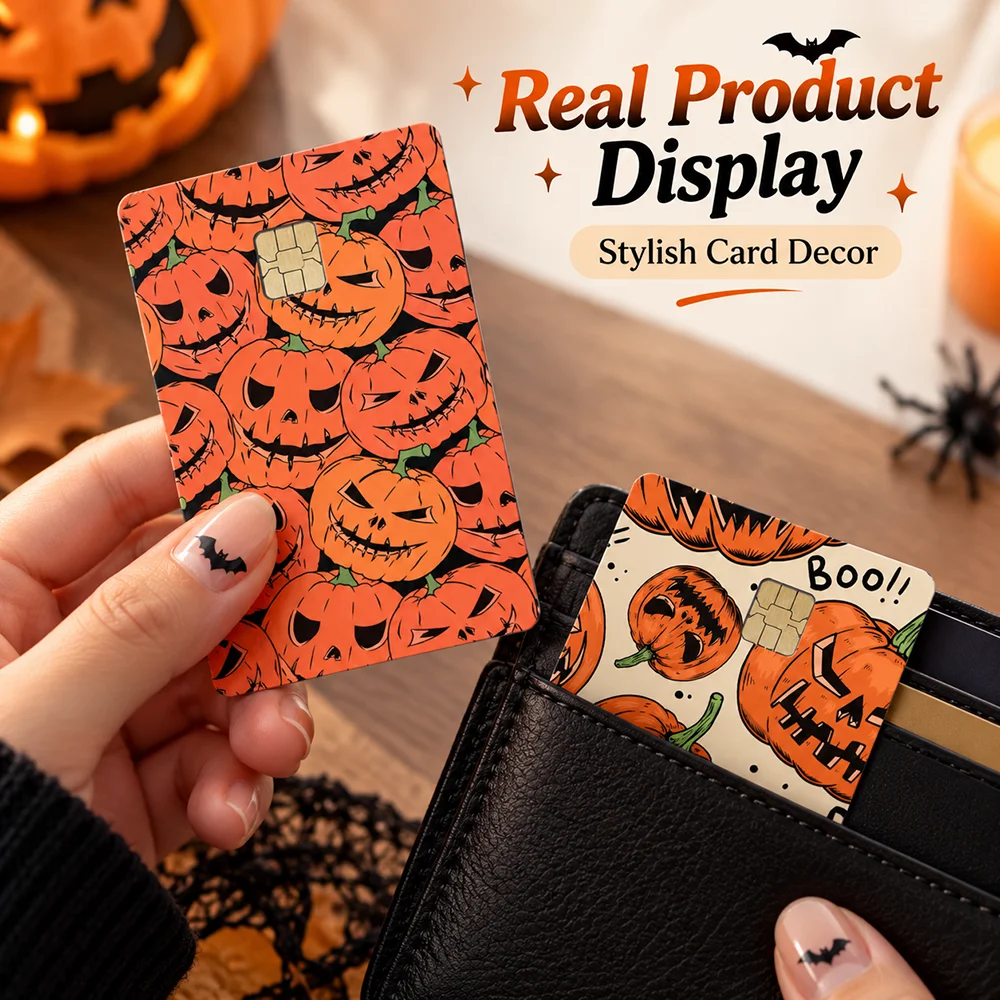 Minimalist Pumpkin Bank Card Sticker Halloween Chip Card Skin Orange Jack O Lantern Face Credit Debit Card Cover Seasonal Decor