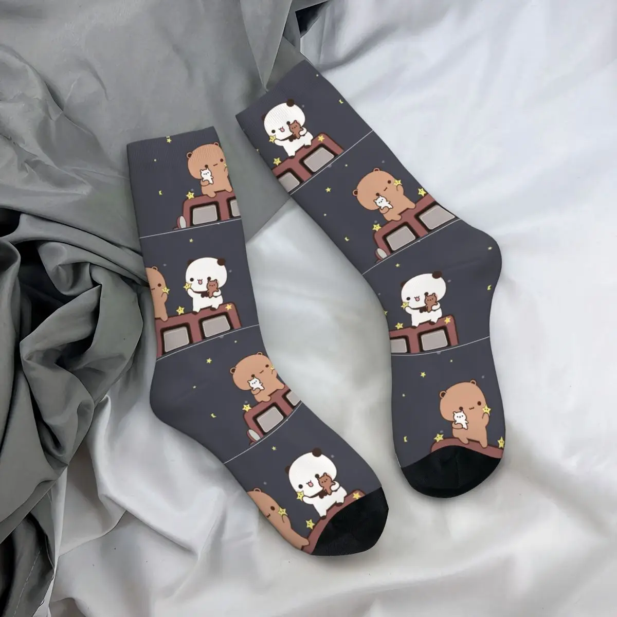 Funny Crazy Sock for Men Watching The Moon Together Hip Hop Harajuku Bubu Dudu Cartoon Pattern Print Boys Crew Sock Novelty Gift