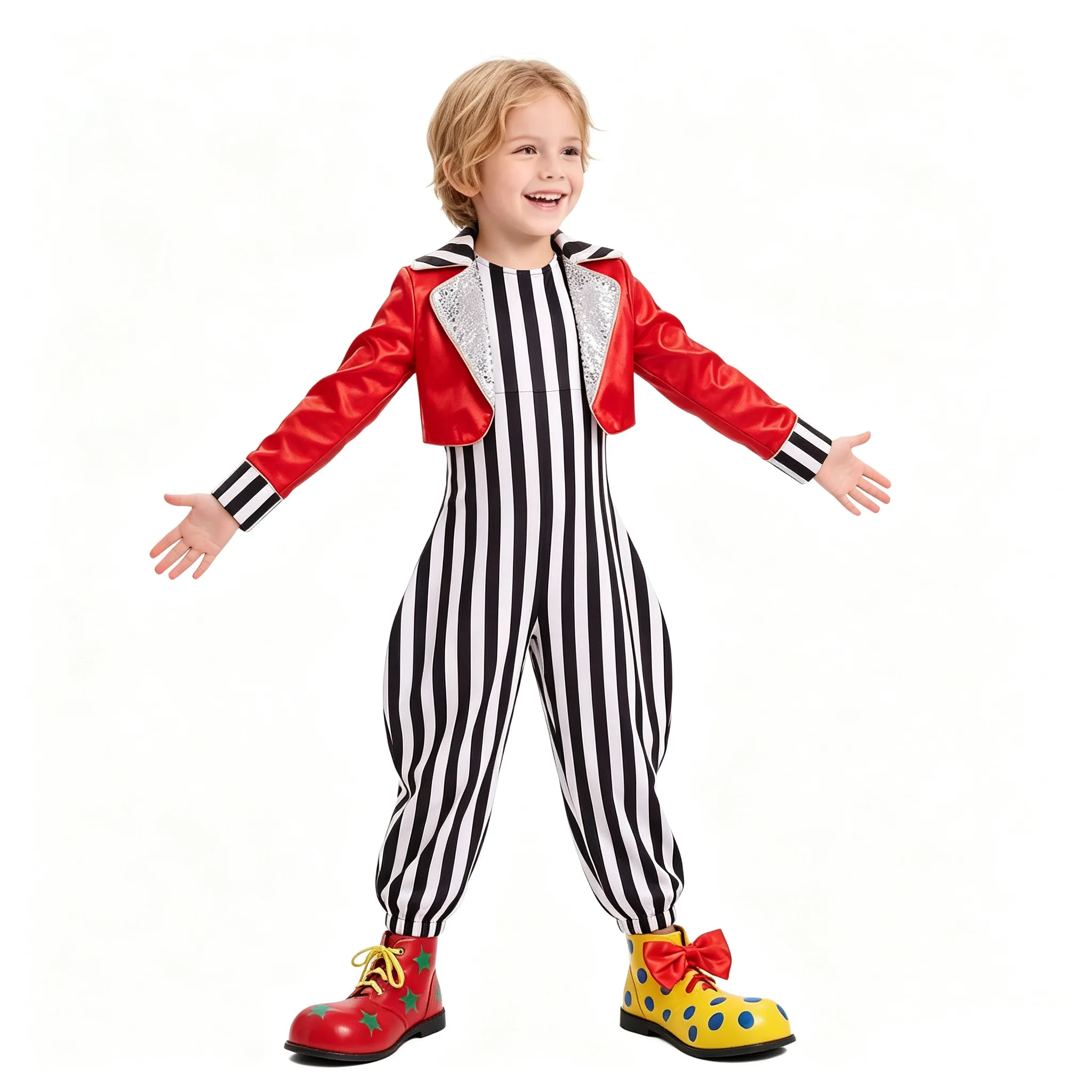Kids Boys Girls Circus Ringmaster Funny Clown Costume Sleeveless Striped Jumpsuit with Satin Jacket for Halloween Party Carnival