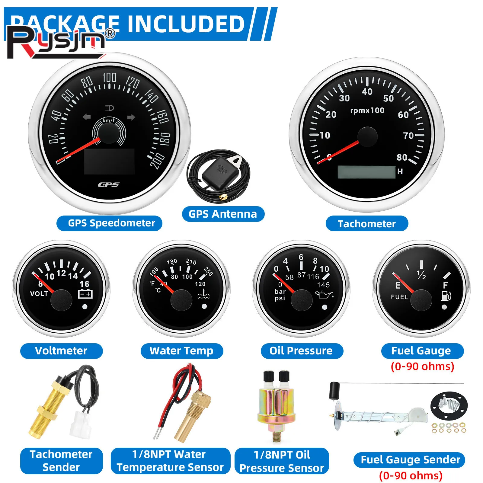 85mm Gauge+52mm Gauges 6 Gauge Set With Sensors 80MPH 200kmh GPS Speedometer  Tachometer Volt Water Temp Oil Press Fuel 0-90ohm