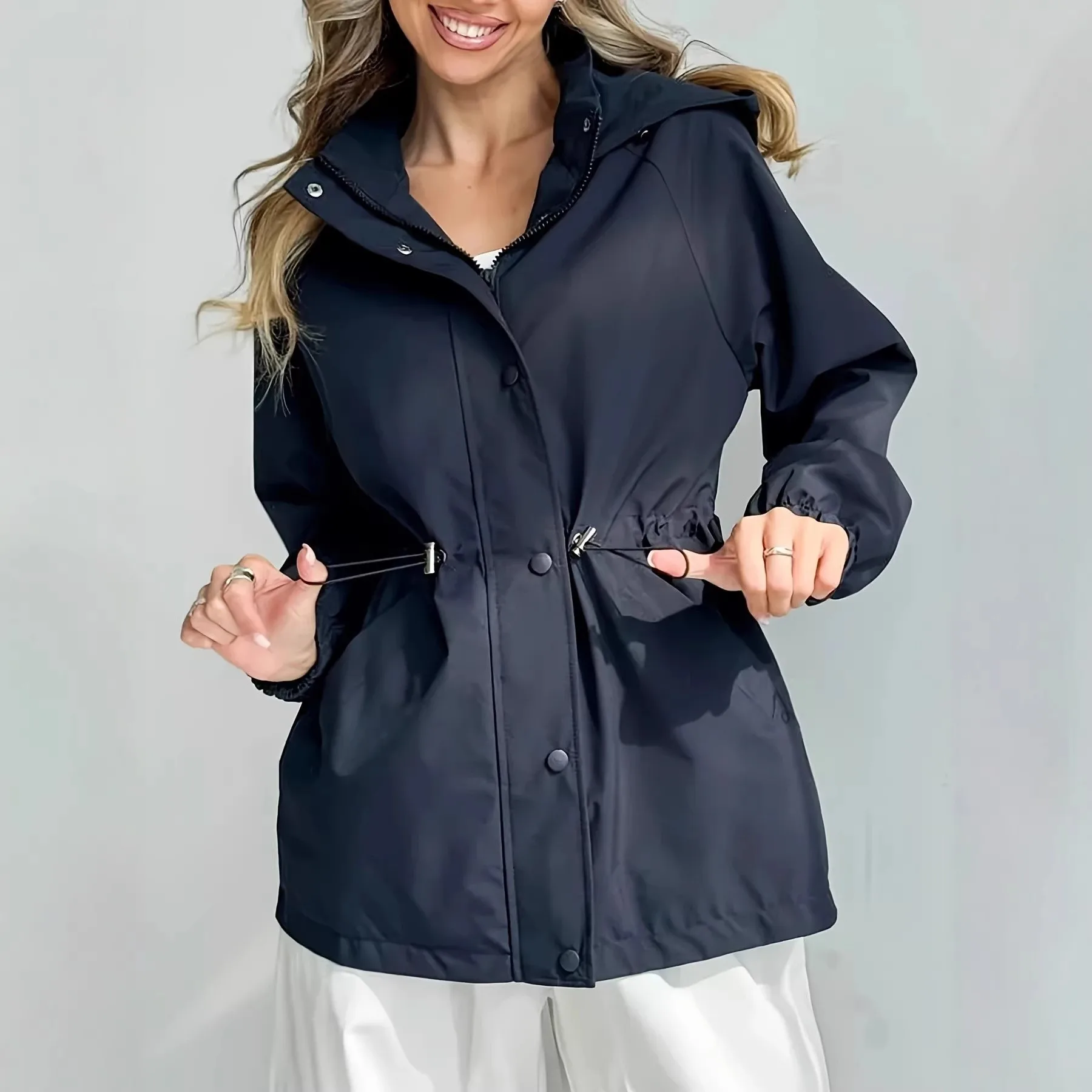 Hooded Zipper Coat Mid Length Elegant Commuter with Patchwork Single Row Multi Button Medium Thickness Casual Women Jacket