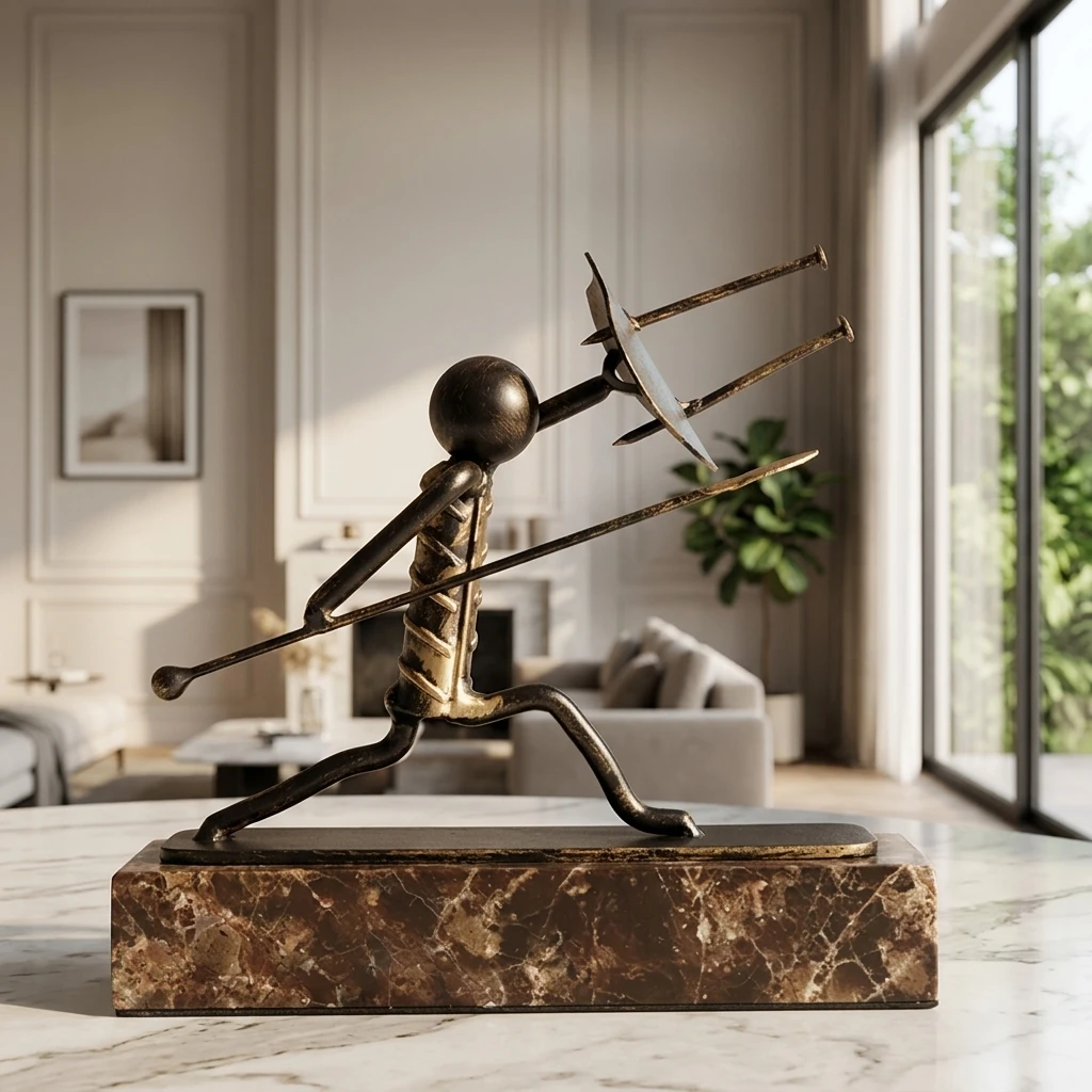 Abstract Iron Marble Gladiator Sculpture Statue Dark Bronze Spear Shield Warrior Craft Ornament Luxury Home Decor Accessories