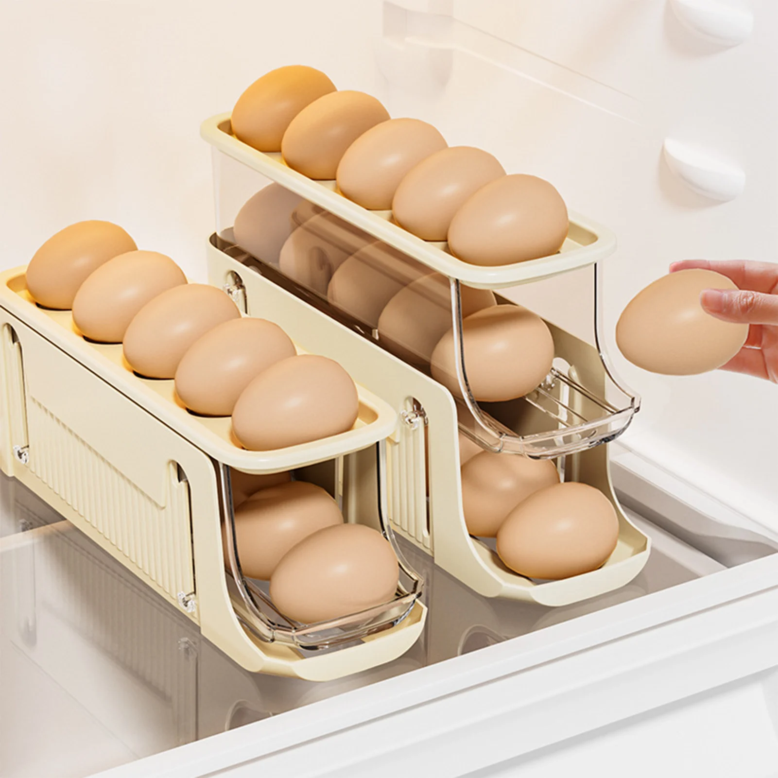 

Auto Rolling Fridge Egg Organizer Egg Storage Box Refrigerator Side Door Storage Box Egg Rack Space-Saving Automatic Egg Box