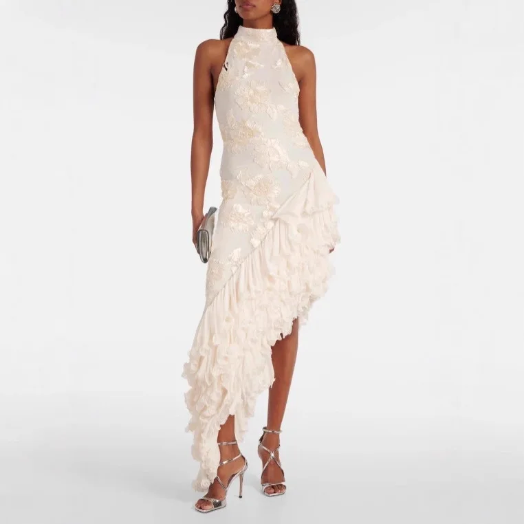 White Lace Mesh Embroidered Long Dress Slim Fashion Sexy Women Dresses 2026 New Tops A45W