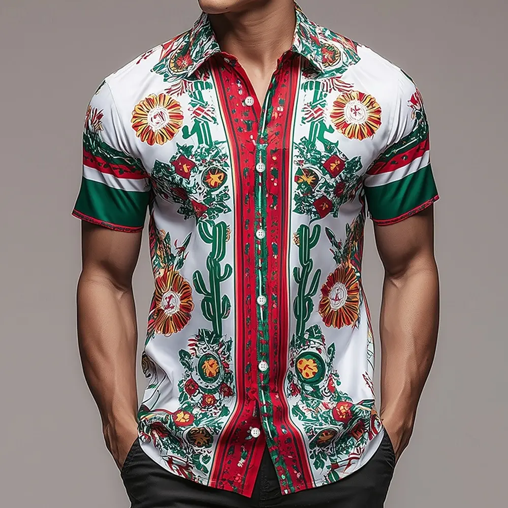 Men's Turndown Collared Print Shirt Geometric Pattern Mexico Soccer Short Sleeve Button Up White Green Casual Streetwear Summer