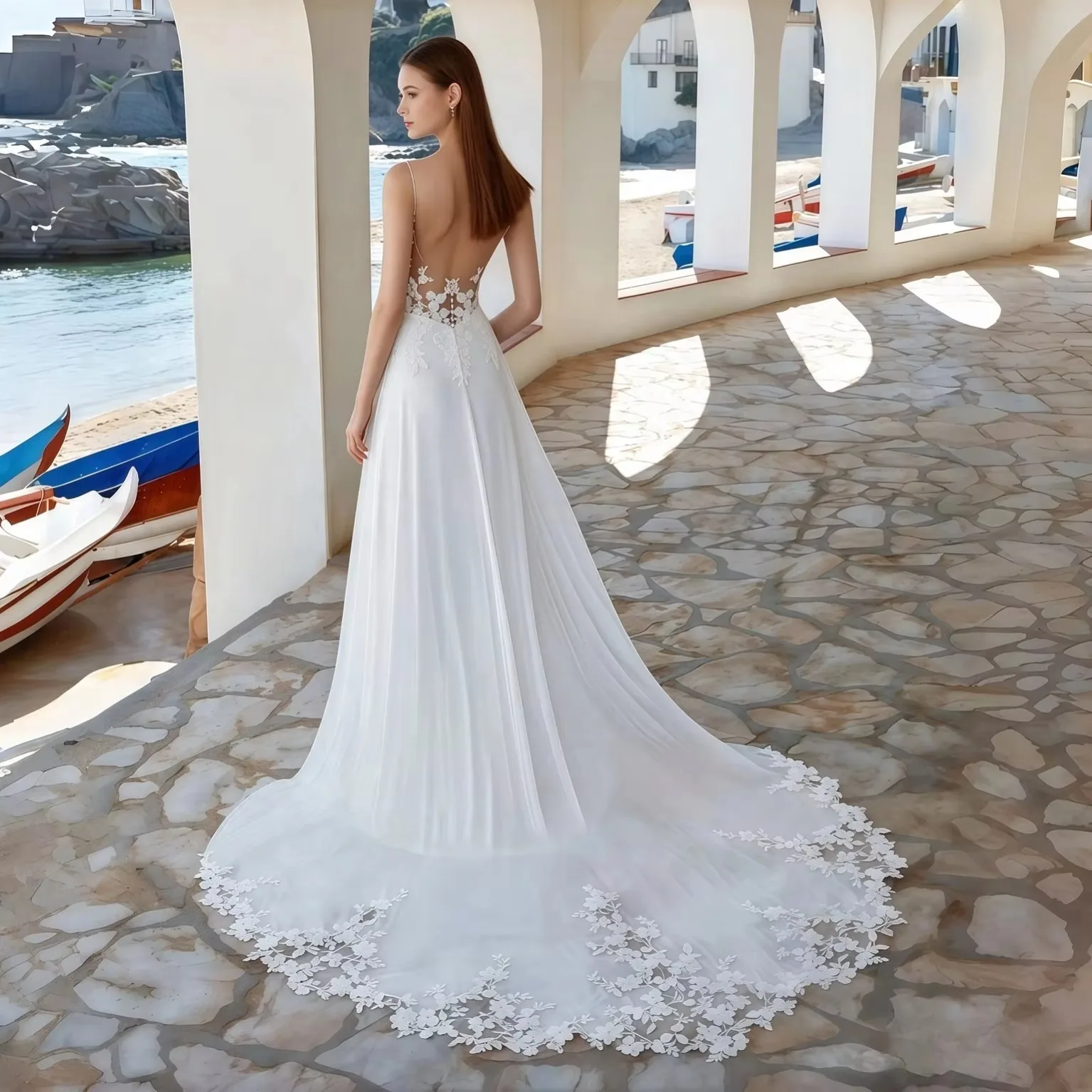 BigDay 2026 New Elegant A-Line Wedding Dress Spaghetti Straps V-Neck Sleeveles Bridal Gownss Backless Lace Vestidos De Novia