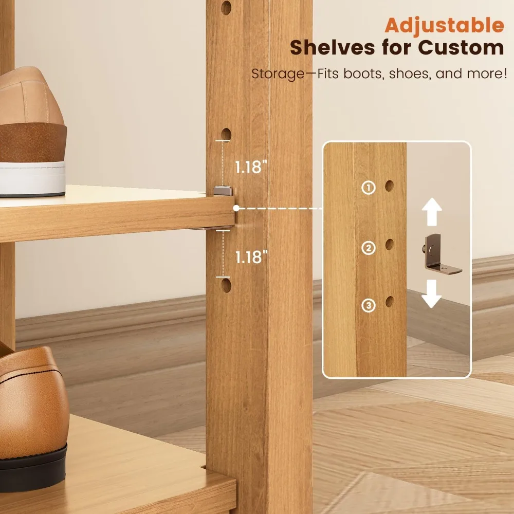 مقعد تخزين من الخشب المطاطي الحديث من منتصف القرن مع رف أحذية، سعة 550 رطل، تصميم مدمج للمدخل والممرات