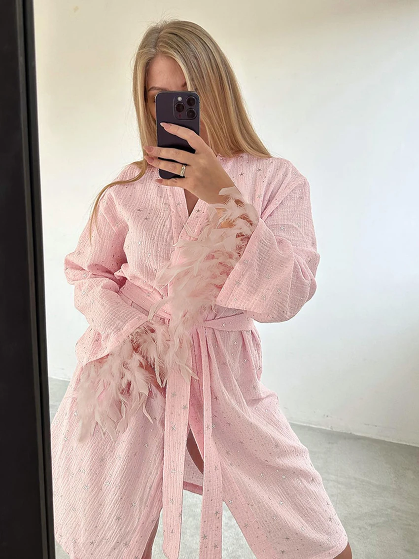 

Marthaqiqi Feathers Female Sleepwear Long Sleeve Pajama Sexy V-Neck Robe Lace Up Bathrobe Mini Dress Pink Causal Women Nightgown