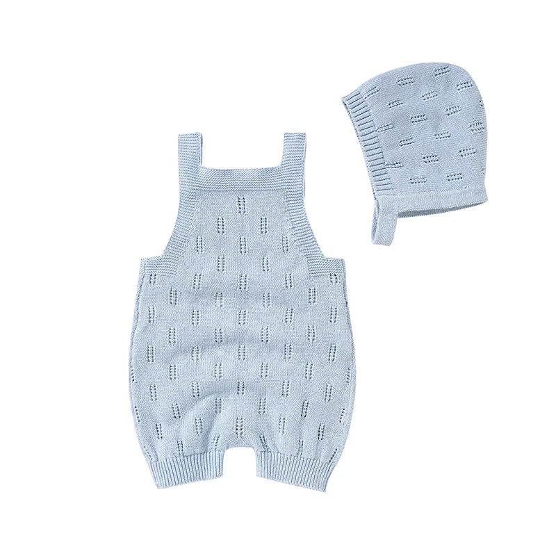 Newborn Baby Rompers 0-18m Solid Color Sleeveless Knit Infant Unisex Cotton Jumpsuits Hats Outfits 2pcs Toddler Boys Girls Wear
