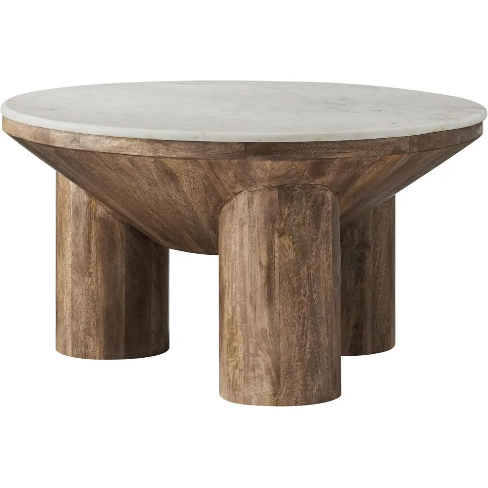 

33 Inch Round Mango Wood Coffee Table in Walnut with Marble Top Modern Drum Coffee Table for Living Room