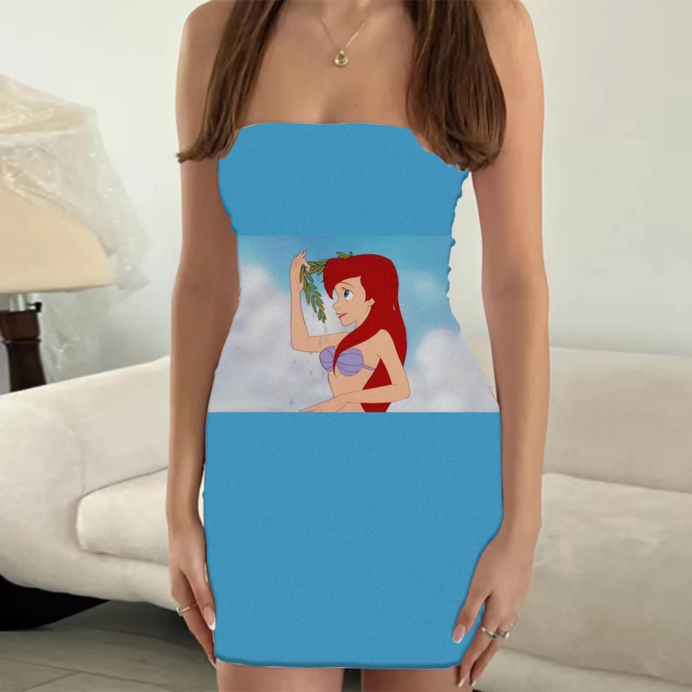 Vestido corto de Disney sin tirantes con estampado de Ariel para verano, minivestido Bandeau Sexy para fiesta y Club, 2023