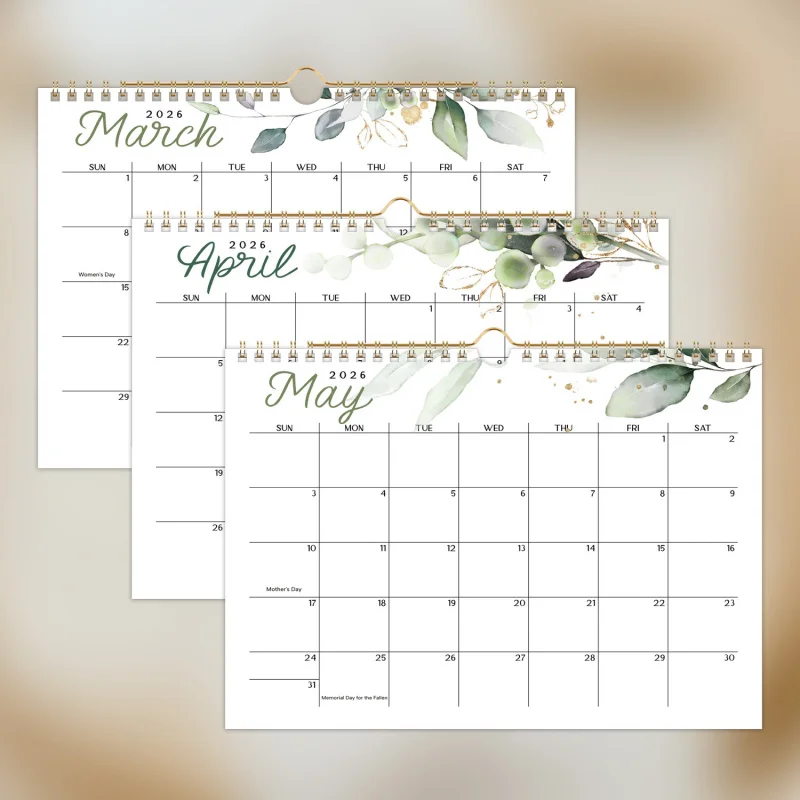 1Ben2026新鮮な緑の植物の文字壁掛けカレンダー、エレガントな葉のデザインのモダンなミニマリストプランナー、実用的なオフィス学習装飾