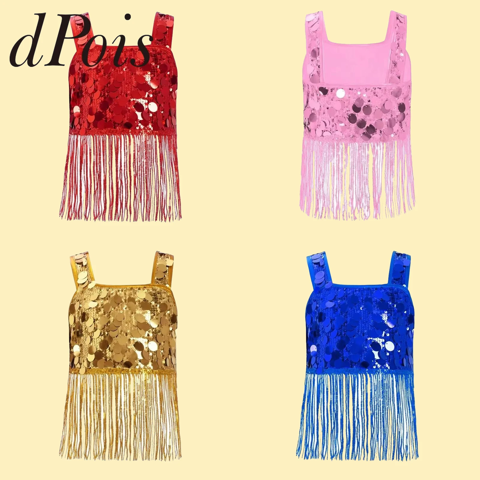 

Girls Tank Crop Top Wide Straps Children's Shiny Sequin Tops Kids Tassels Jazz Dance Costume Performance Party Dancewear Vests