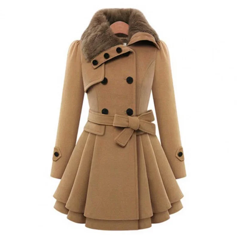 

Autumn Winter New Women Jacket Windbreaker Warm Plush Thick Clothes Double Breasted Belt Female Slim Lapel Coat