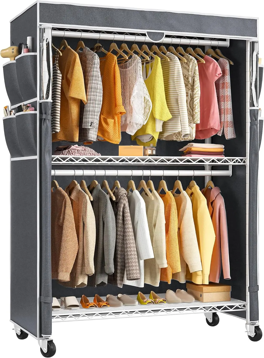 

Clothes Rack with Cover, 45" W Heavy Duty Clothing Racks for Hanging Clothes, Portable Closet with Adjustable Shelves and Whe