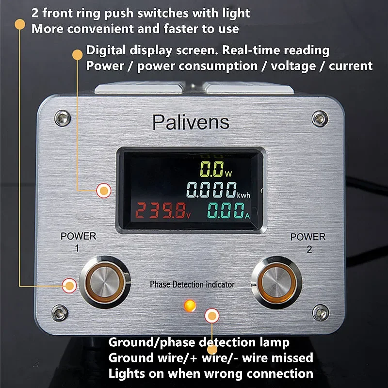 Filtre d\'alimentation AC avec affichage numérique LED, filtre de bruit audio, protection contre la pluie, Palivens P20, 3000W, 15A