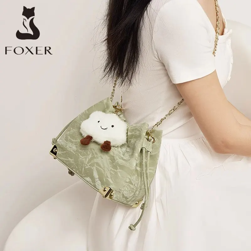 FOXER Summer Girl Mini Crossbody Bag Lady New Design PU Leather Messenger Bag Female Green Fashion Drawstring Shoulder Chain Bag